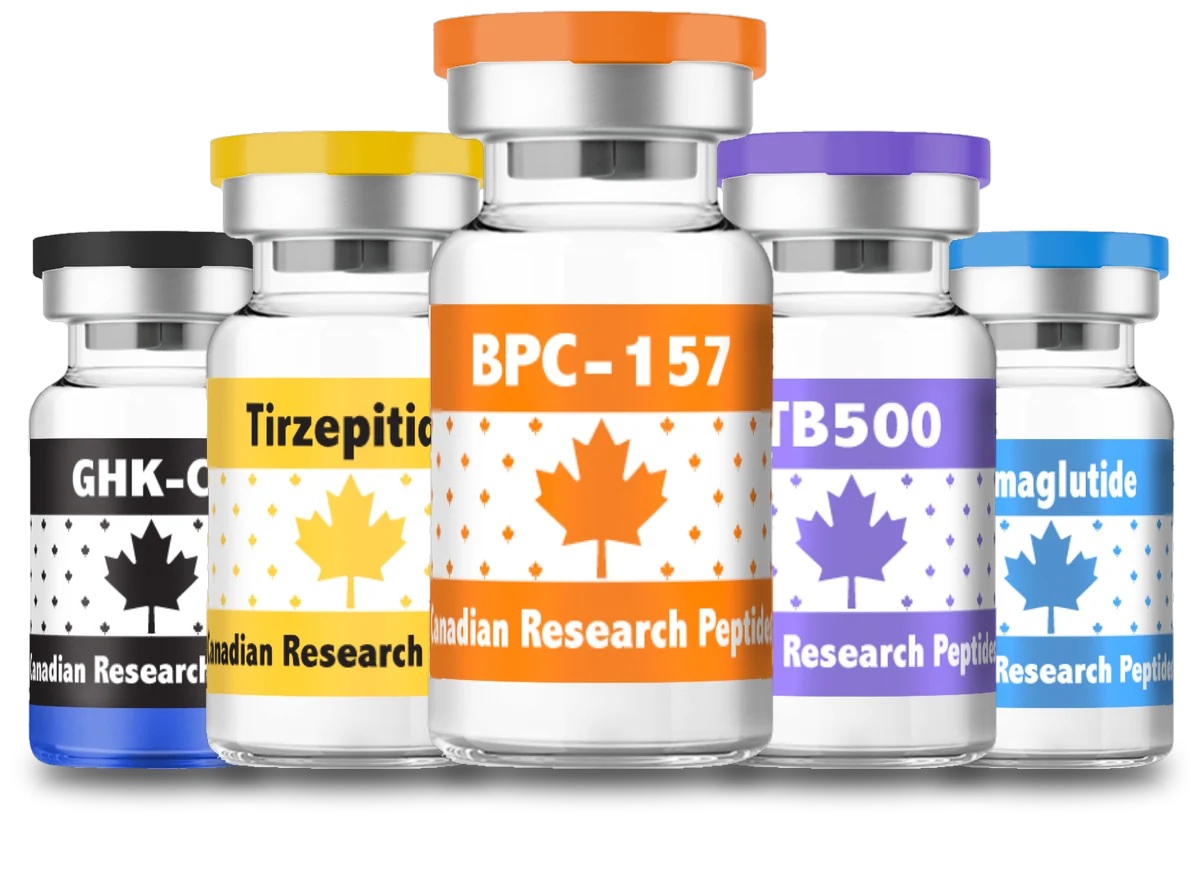 Canadian Peps research peptide vials: GHK-Cu, Tirzepatide, BPC-157, TB-500 and Semaglutide